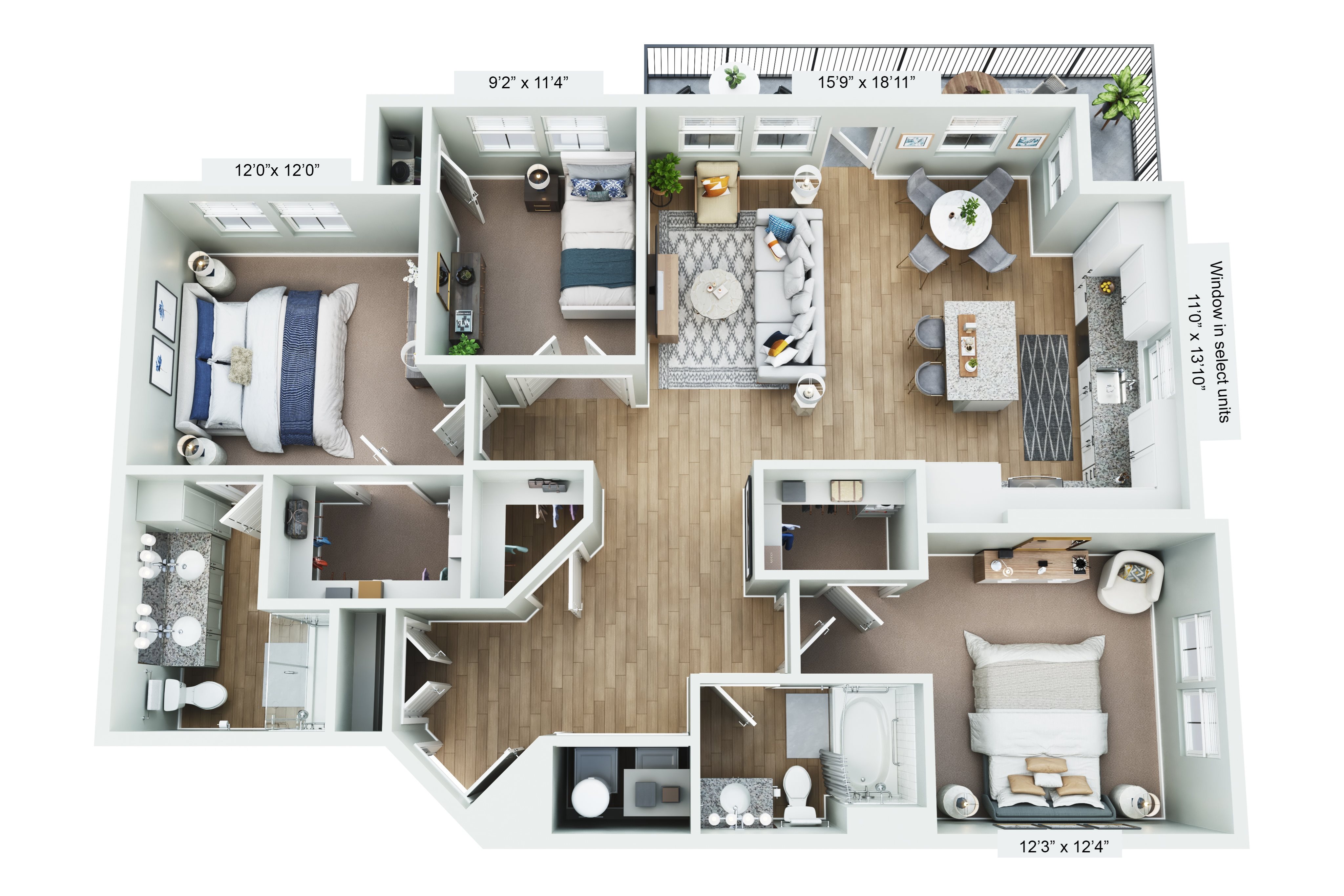A floor plan of a small apartment with two bedrooms, a living room, a kitchen, and a bathroom.